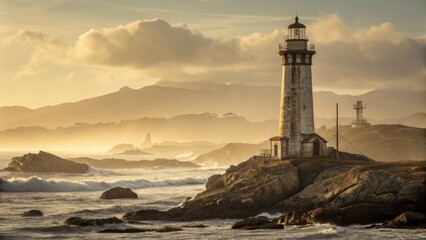 Naklejka premium Lighthouse at golden hour with mountains in fog
