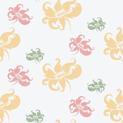 Minimal Seamless Floral Pattern with Green, Pink, and Yellow Leaves on White Background