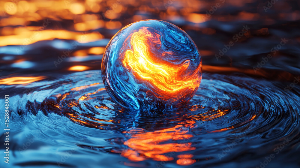 Poster vibrant, glowing sphere with swirling blue and orange patterns floats above rippling water surface, 