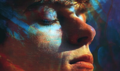 A concept of calming rhythms and emotional balance, close up view of young man on abstract background. High quality