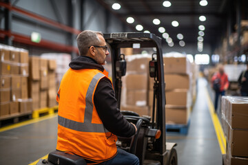 A focused forklift operator navigating through a bustling warehouse filled with neatly stacked boxes, demonstrating skill and efficiency in logistics and supply chain management.