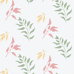 Minimal Seamless Floral Pattern with Green, Pink, and Yellow Leaves on White Background