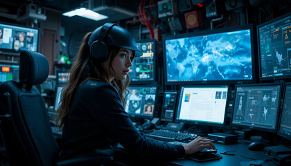 "Black Canary in a hi-tech surveillance control room, planning a stealth operation"
