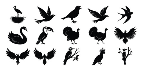 Bird Silhouettes Vector Collection – Woodpecker, Swan, Toucan, Turkey, Flying Birds and More Icons Set on white background     