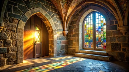 Obraz premium Sunlit Stone Hallway with Stained Glass Window and Wooden Door