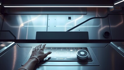 Obraz premium gesture-controlled panel in futuristic workspace | Futuristic mood with pulse line reflections and etched aluminum