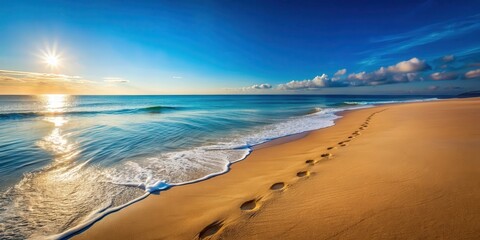 Golden Sands Embrace the Setting Sun  Footprints Leading to Serene Ocean Waves