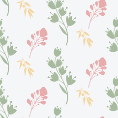Minimal Seamless Floral Pattern with Green, Pink, and Yellow Leaves on White Background