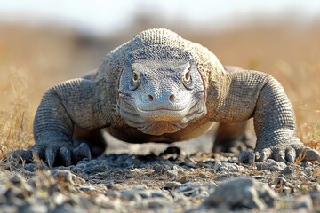 Obraz premium Close-Up of a Komodo Dragon Crawling on Dry Ground in Natural Habitat