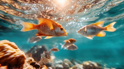 Fototapeta premium This vibrant underwater scene features various fish swimming gracefully over coral reefs, showcasing the beauty of marine life in a breathtaking, clear environment.