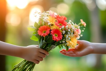 Happy Mothers Day Scene with Son Giving Flowers to Mom Outdoors