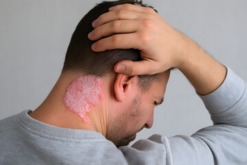 Man scratching back of neck with red scaly skin patch, psoriasis or eczema irritation, dermatology problem concept, dry inflamed skin disease, autoimmune condition flare-up, health awareness illustrat