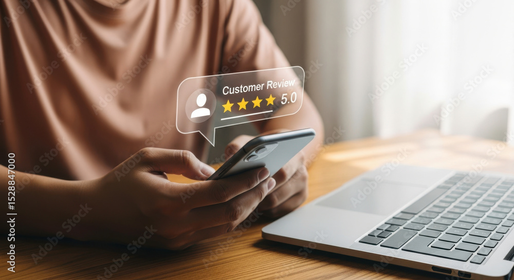 Poster checking customer review online reputation management service feedback rating on mobile phone