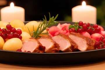Roasted duck with potatoes and berries