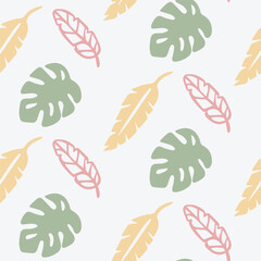 Minimal Seamless Floral Pattern with Green, Pink, and Yellow Leaves on White Background