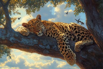 Majestic Leopard Resting Comfortably on a Tree Branch in Nature