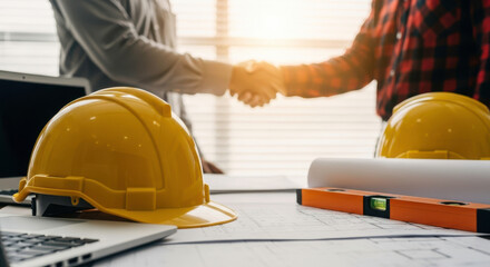 Construction handshake deal hardhat blueprint level agreement partnership collaboration success