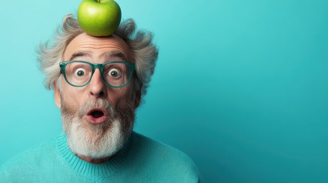 An elderly man with a surprised expression, balancing an apple atop his head against a bright background, portrays a playful and humorous moment in a lighthearted setting.