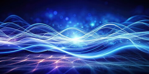 Abstract Flowing Energy  Luminous Blue Waves and Sparkling Particles on a Dark Background