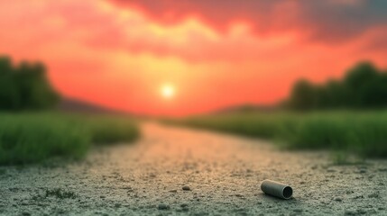 Rural road at sunset with discarded object