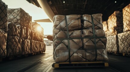 Stacks of cargo packages await departure in a sun-kissed environment, capturing the essence of logistics and the rhythm of busy commercial air travel.