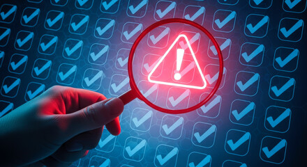 Attention warning alert risk error check mark inspection magnifier hand compliance audit