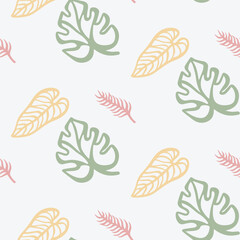 Minimal Seamless Floral Pattern with Green, Pink, and Yellow Leaves on White Background