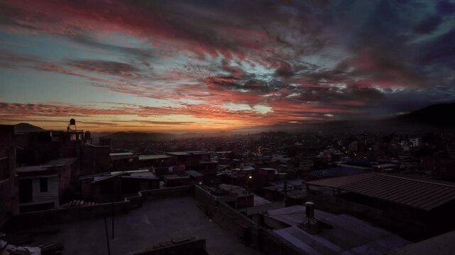 Sunset view of the city of Arequipa from the district of Socabaya, with the beautiful changing colors of the sky.