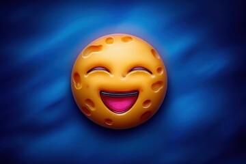 Fototapeta premium Smiling cheese emoji on dark blue