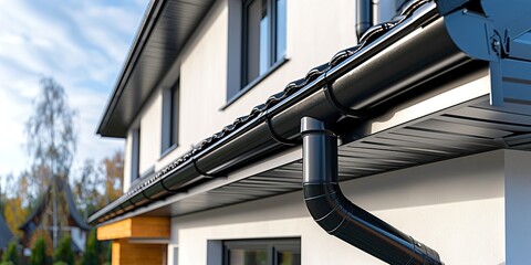 Sleek black roof gutter and downpipe seamlessly integrate into modern home's architectural detail 