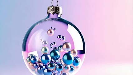 Elegant clear Christmas ornament containing blue, silver, and pink shiny pearls hanging in a pastel gradient colored background. - Powered by Adobe