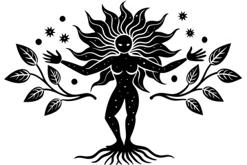 Black and white illustration of a solar goddess tree