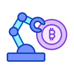 Robot Arm Working with Bitcoin representing Ai investment Automation Cryptocurrency Trade Tool on Blockchain Technology, Auto Mechanical Production Factory. Outline Colors Editable Stroke Vector Icon.