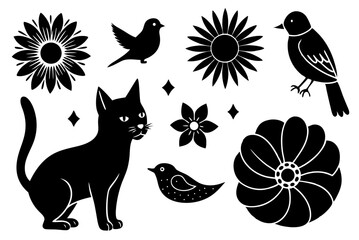 Black and white floral and fauna illustration