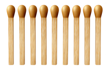 Ten gold tipped matches in a row isolated on transparent background