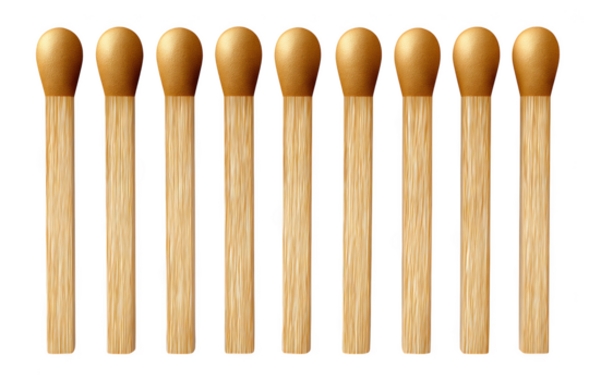 Ten gold tipped matches in a row isolated on transparent background