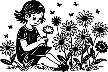 Girl sitting amongst flowers holding a flower
