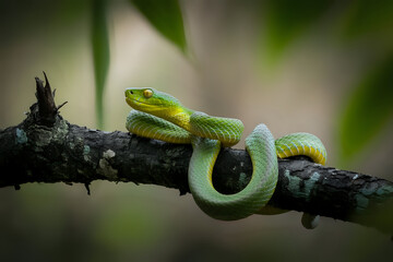 Vibrant Green Pit Viper Coiled on a Branch in a Lush Forest Setting