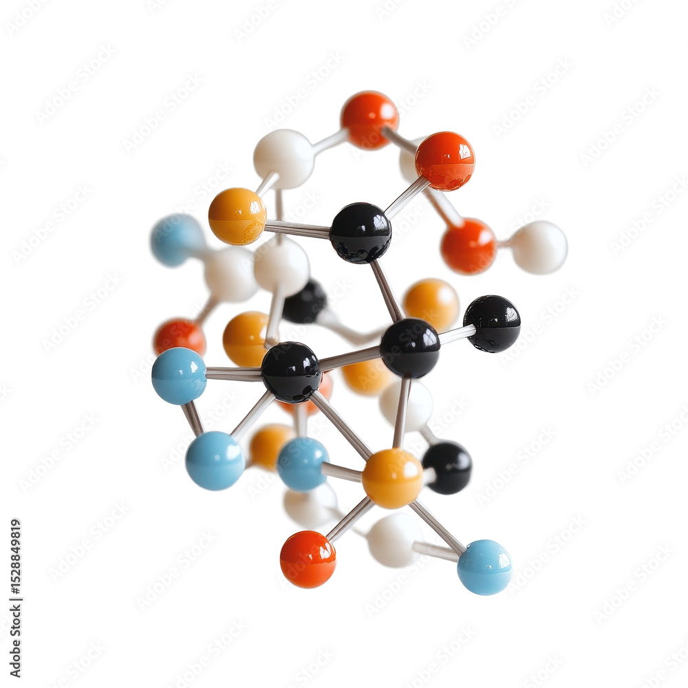 Poster molecular model representing the structure and bonds of various compounds on a transparent backgroun
