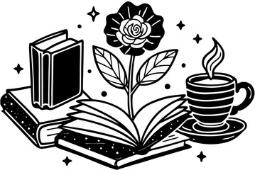 Cozy reading nook with books rose and coffee