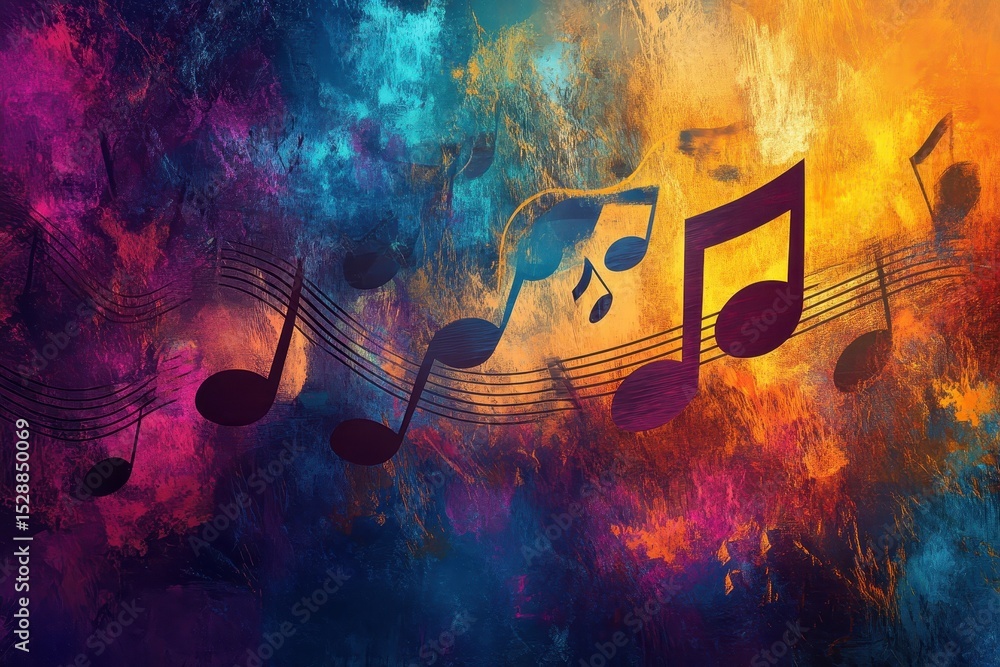 Poster colorful musical notes blend with abstract art for a vibrant and dynamic background, music abstract 