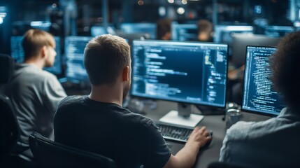 Software developers coding in office for cybersecurity and ai development with multiple screens