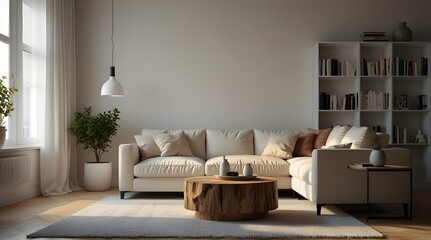  Bright and cozy modern living room interior have sofa and lamp with white wall background. generative.ai
