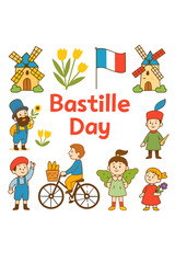 Fototapeta premium Bastille Day Celebration with Kids, Windmills, and French Symbols | Flat Vector Illustration
