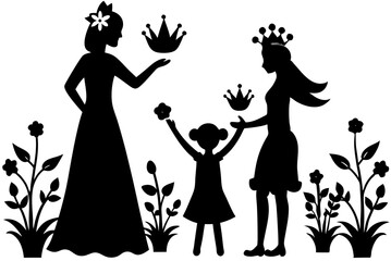 Two queens crowning a little princess in a garden