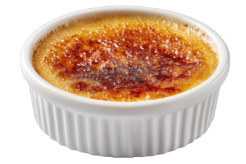 Creamy custard dessert with caramelized topping in white ramekin (1)