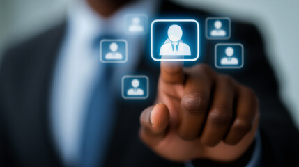 A businessperson selects a digital profile icon on a virtual screen, representing digital recruitment or human resources technology.
