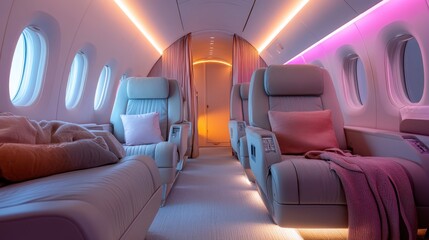 Fototapeta premium A stunning view of a luxurious private jet cabin showcases modern design elements, emphasizing comfort, elegance, and sophistication for those who appreciate the finer things in life.