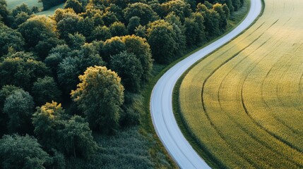 Aerial view of a rural road creating boundary between golden harvested fields and dense forest