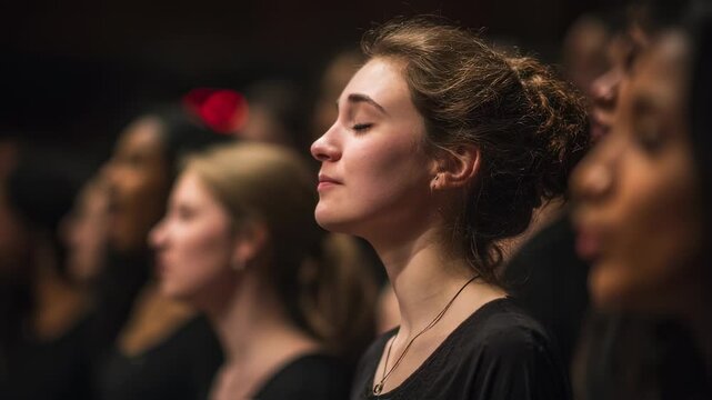 A group of choir members with their eyes closed, their faces upturned in pure bliss and devotion as they sing with all their hearts.